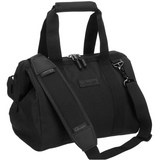 Black bag with shoulder strap on a white background