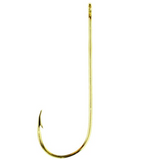 A single gold-colored Aberdeen fishing hook with a ringed eye.