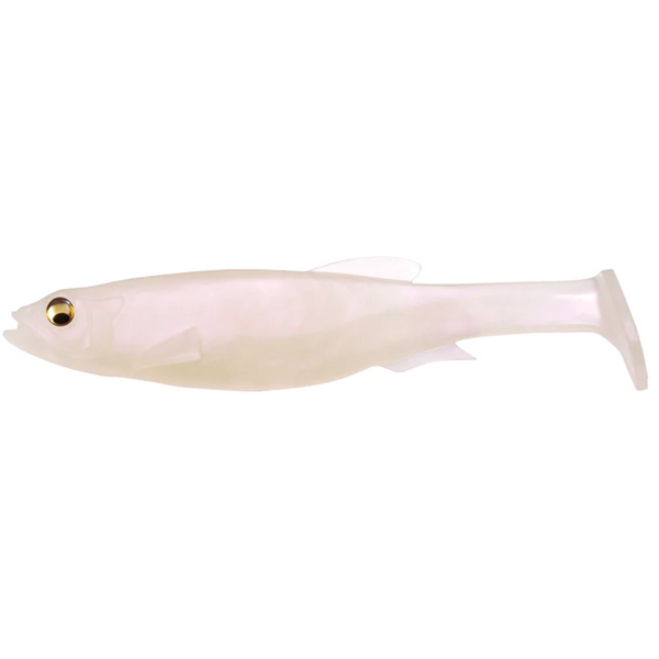 White fishing lure with a gold eye on a white background