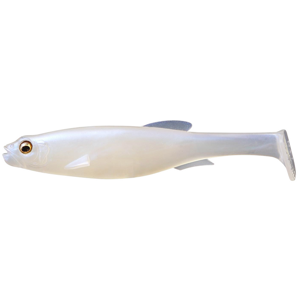 White fishing lure with a gray tail on a white background