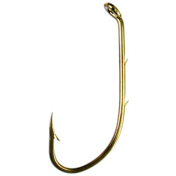 A single bronze-colored fishing hook with a barb and two slices on the bend.