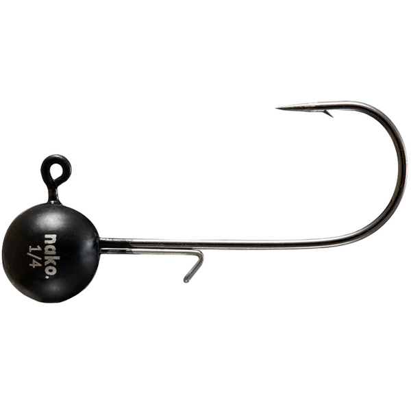 Black fishing hook with a spherical weight on a white background