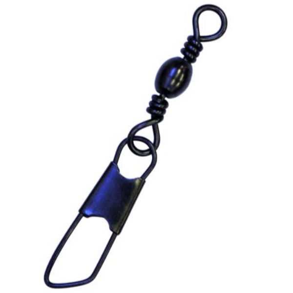 A black barrel swivel safety snap, consisting of a swivel connected to a safety snap, typically used in fishing.