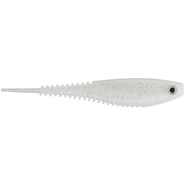 White fishing lure with black speckles on a white background