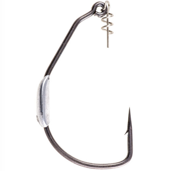 A black fishing hook with a TwistLOCK® Centering-Pin Spring attached to the eye and a non-movable weight positioned on the shank.