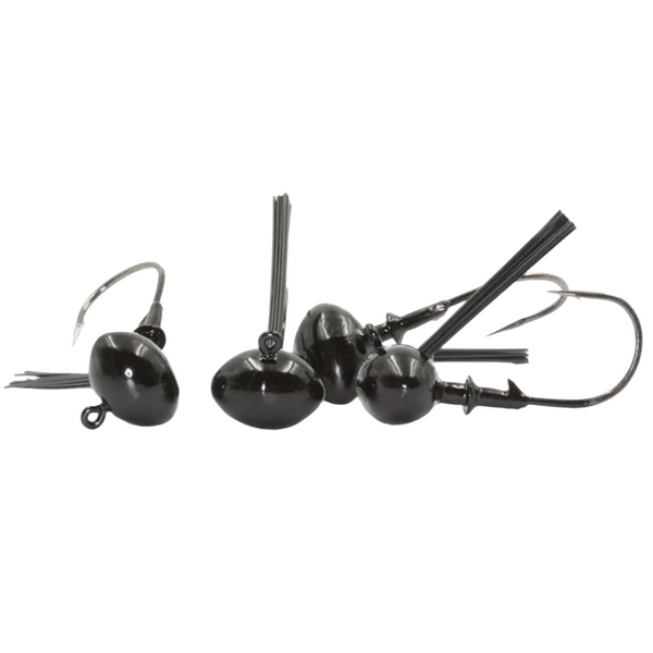 Black fishing lures with hooks on a white background