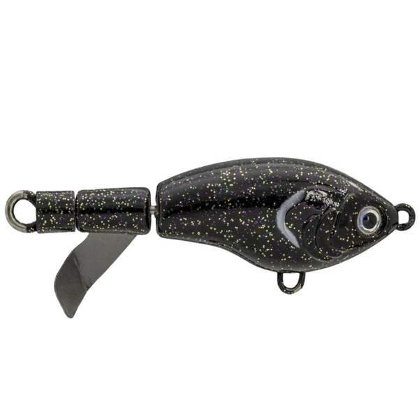 Black and silver fishing lure on a white background