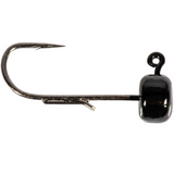 A small, mushroom-shaped black jighead with a sharp hook protruding from the top.