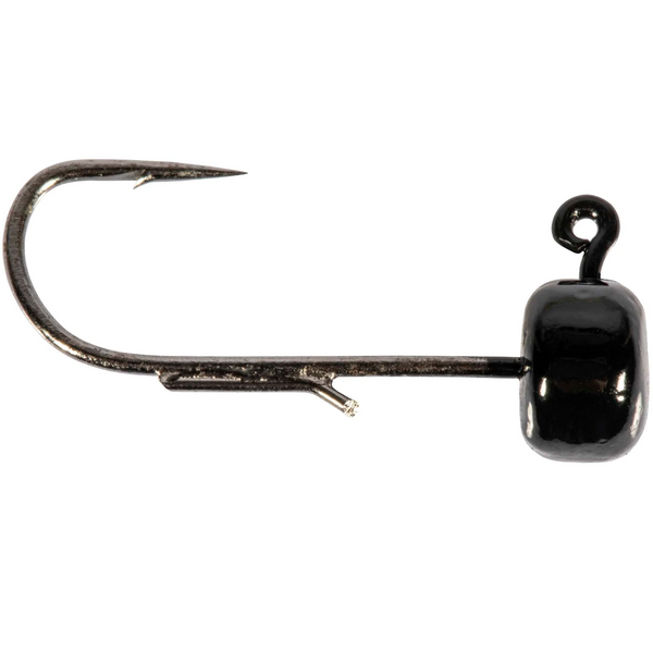 A small, mushroom-shaped black jighead with a sharp hook protruding from the top.