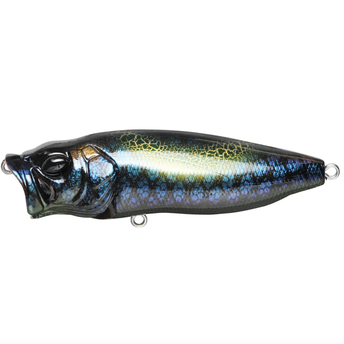 A Megabass Popmax topwater fishing lure with a silver and white color scheme, featuring detailed gill-system and realistic eyes.