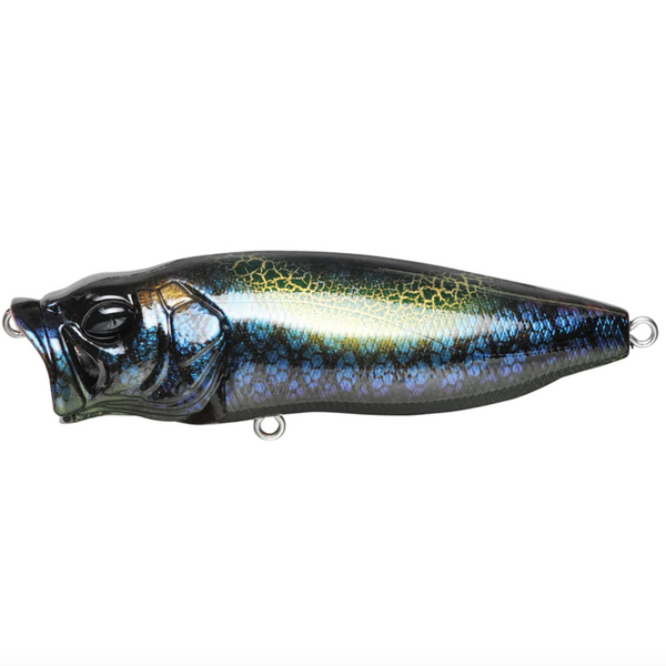 A Megabass Popmax topwater fishing lure with a silver and white color scheme, featuring detailed gill-system and realistic eyes.