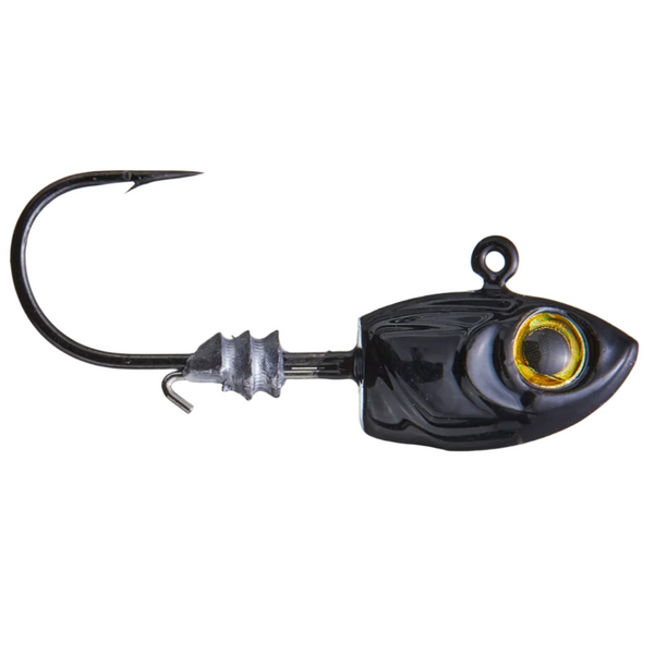 Black fishing lure with a hook on a white background
