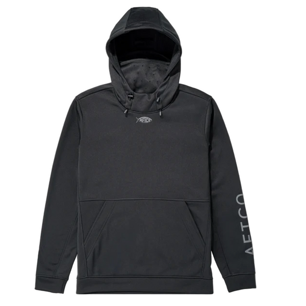 Black hoodie with a brand logo on a light gray background