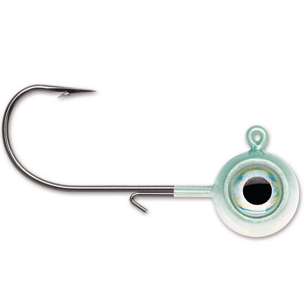 A close-up image of a single VMC Neon Moon Eye Jig with a black nickel finish and a 3D holographic eye.