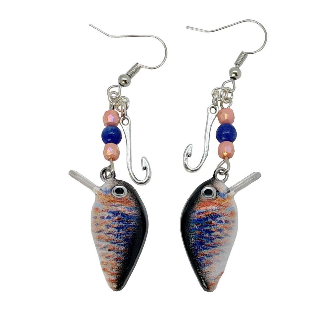 Fishing Lure Dangle Earrings Blue Peach