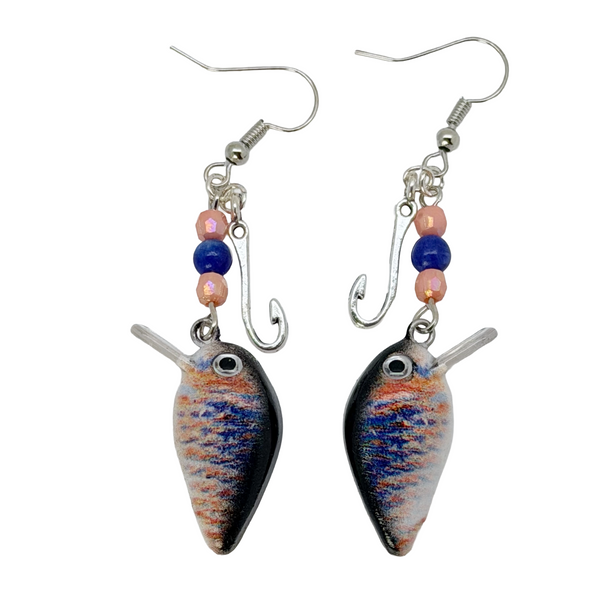 Fishing Lure Dangle Earrings Blue Peach
