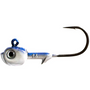 A close-up image of a blue and silver colored artificial fishing jig designed to resemble a guppy.