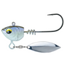A silver fishing lure with a willow leaf blade and realistic 3D eyes and gill plates.