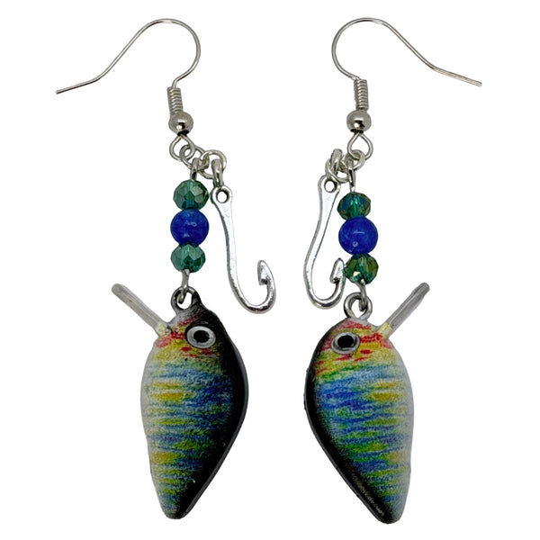 Fishing Lure Dangle Earrings Blue Green