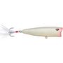 Fishing lure with a white body and white feather tail on a white background