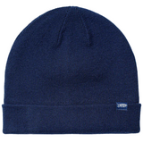 Blue knit beanie with a brand logo on a white background