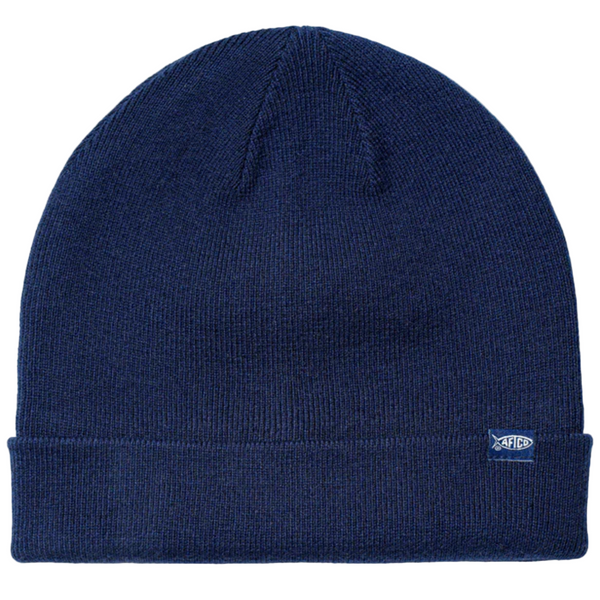 Blue knit beanie with a brand logo on a white background