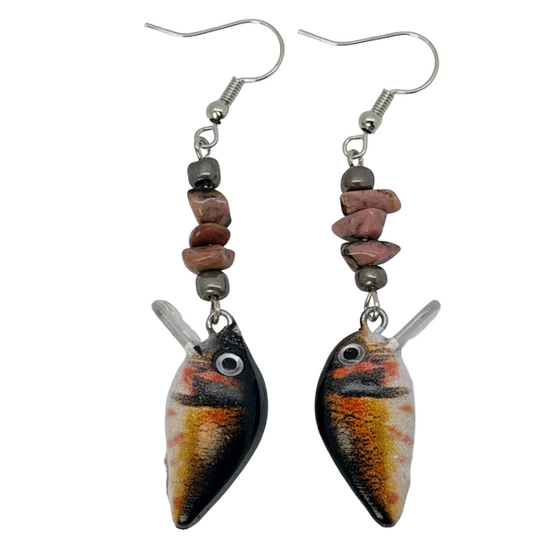 Fishing Lure Dangle Earrings Brown Peach