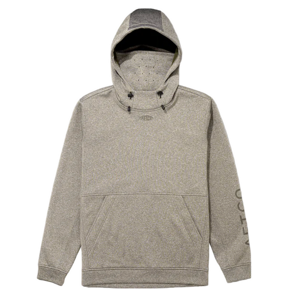 Gray hoodie with brand logo on a white background