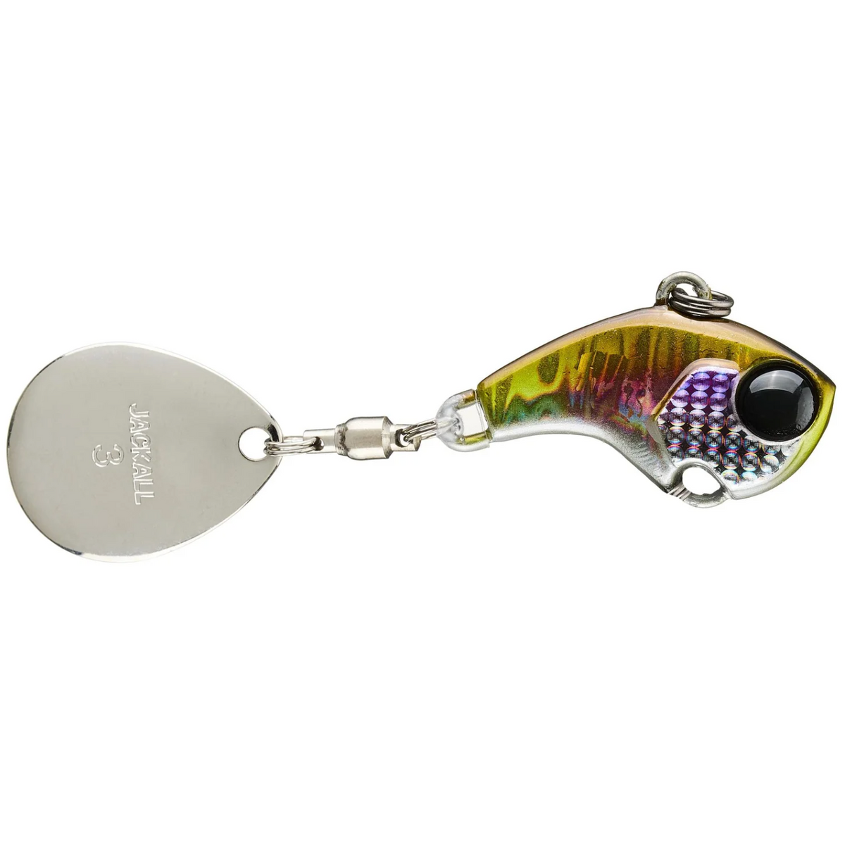 Fishing lure with a colorful body and metal blade on a white background