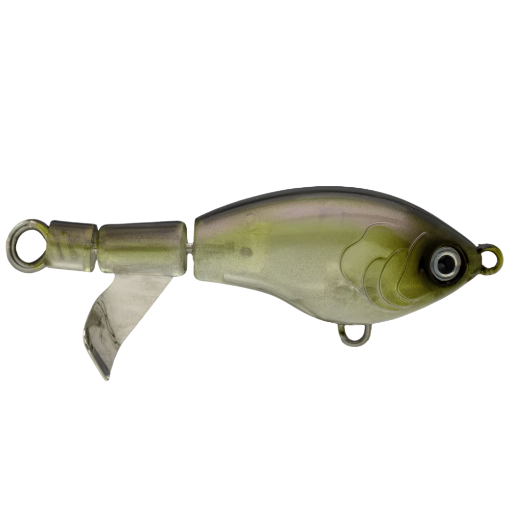 Fishing lure with a white and green color scheme on a white background