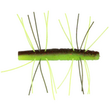 Fishing lure with green body and yellow and black legs on a white background