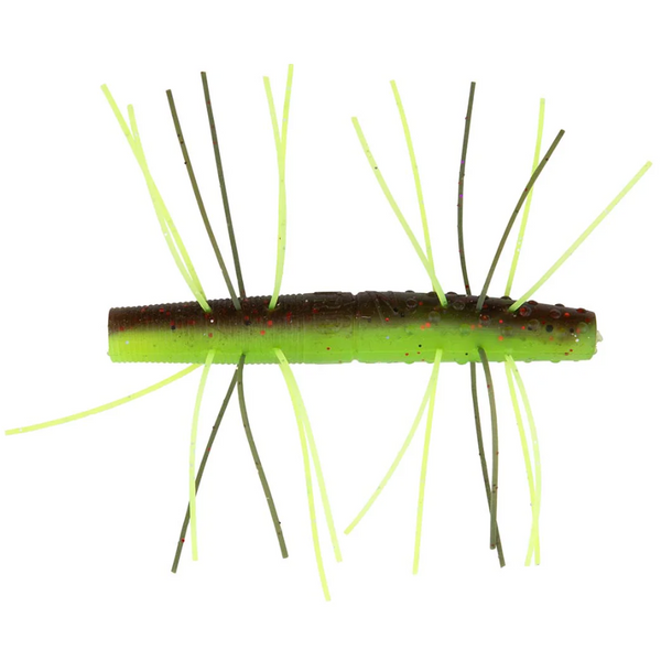 Fishing lure with green body and yellow and black legs on a white background