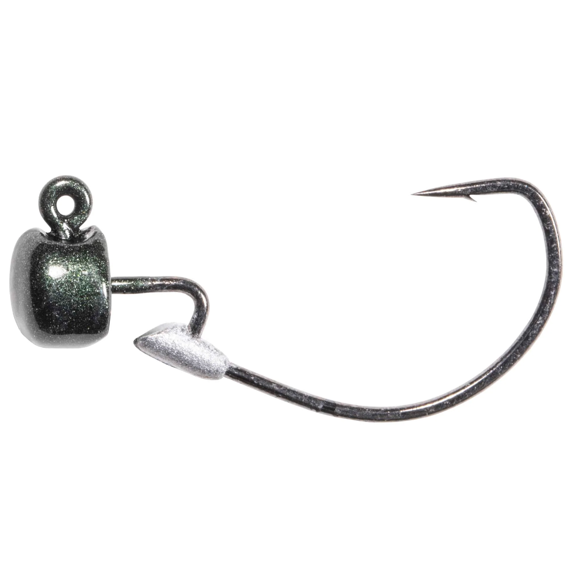 A black mushroom-shaped jighead with a barbed hook extending to the right, designed for bass fishing.
