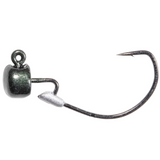 A black mushroom-shaped jighead with a barbed hook extending to the right, designed for bass fishing.