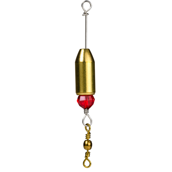 A pre-rigged Carolina rig system with a gold-colored head, red bead, and stainless-steel wire against a white background.