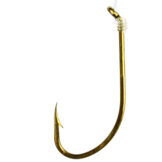 A gold-colored Eagle Claw snelled baitholder hook with a sharp curved blade and a small snap swivel attached to the shaft.