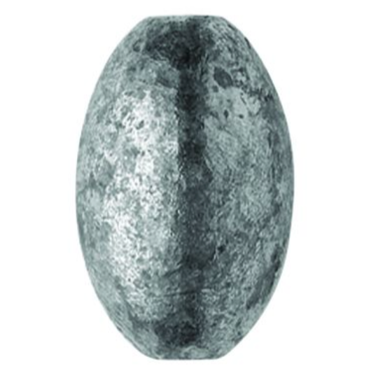 A gray metal egg sinker for fishing.