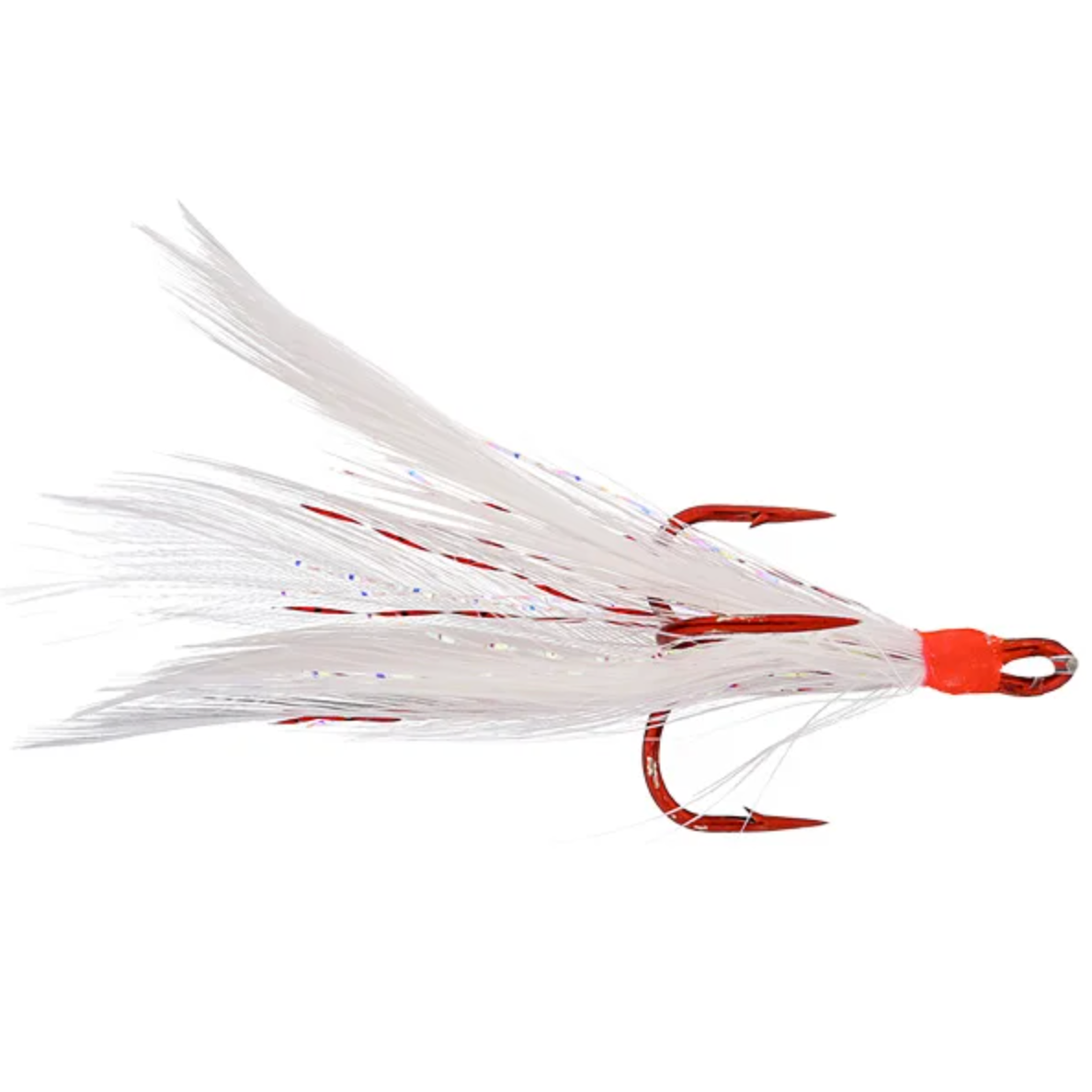 A white artificial fishing lure with red feather-like extensions and a red hook.