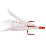 A white artificial fishing lure with red feather-like extensions and a red hook.