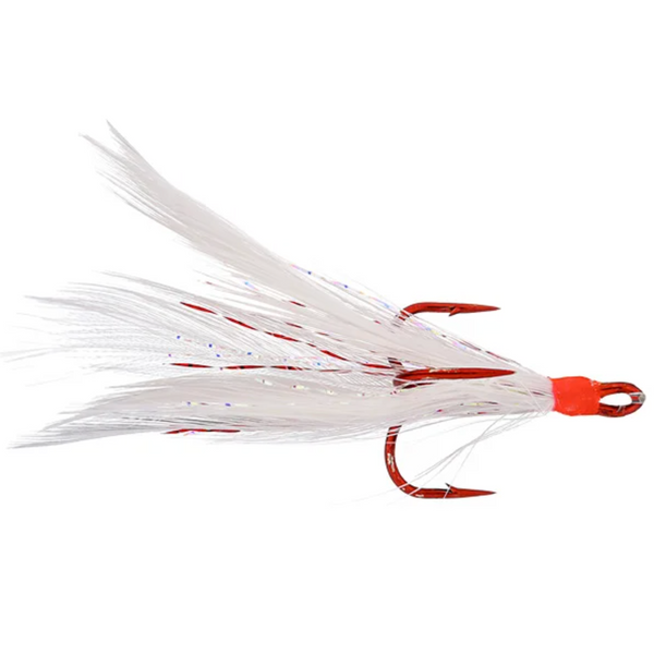 A white artificial fishing lure with red feather-like extensions and a red hook.