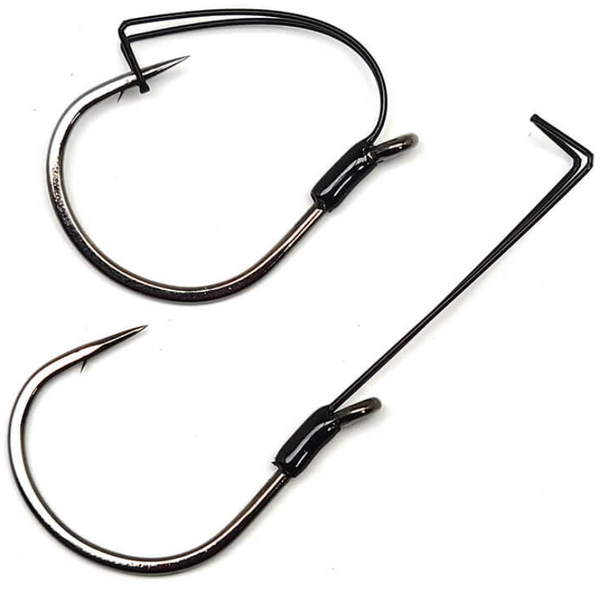 A set of Gamakatsu Finesse Wide Gap Weedless Hooks, featuring black color and a specific design for fishing in heavy cover.