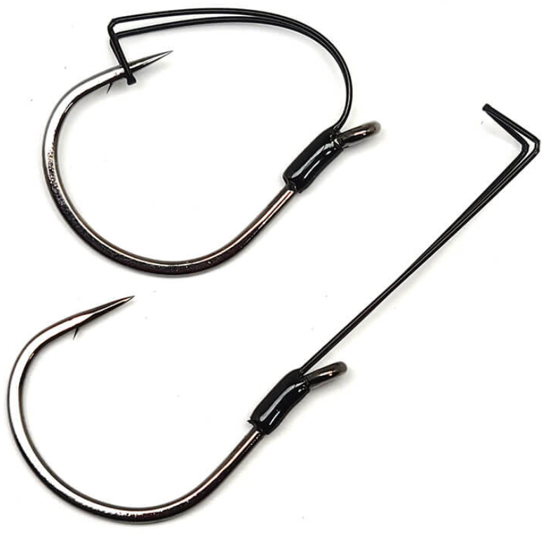 A set of Gamakatsu Finesse Wide Gap Weedless Hooks, featuring black color and a specific design for fishing in heavy cover.