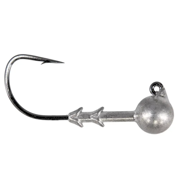 A single silver-colored jighead with a football-shaped weight and a hook extending upwards.