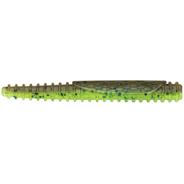 Fishing lure with green body and brown top on a white background