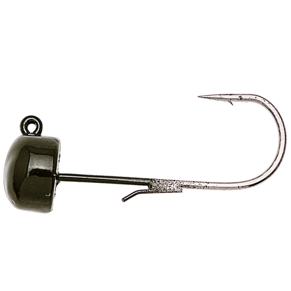 A black fishing jig head with a mushroom-shaped head and a hook extending downwards.