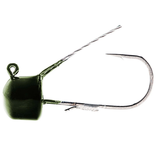 A green mushroom-shaped jighead with a double stainless-steel, multi-strand wire weedguard and a sharp curved hook protruding from the top.