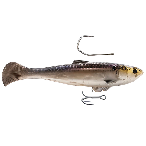 Fishing lure with treble hooks on a white background