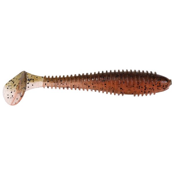 Fishing lure with a brown and pink pattern on a white background