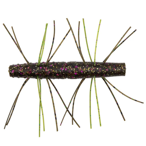 Fishing lure with a black and purple body and thin, multicolored strands on a white background