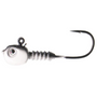A silver-colored jig head with a black hook, designed for fishing small swimbaits, showing the front view with the hook bent upwards.